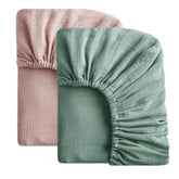 SOULFUL mini muslin crib sheets green close-up fabric texture showing soft, breathable weave.