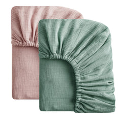 SOULFUL mini muslin crib sheets green close-up fabric texture showing soft, breathable weave.