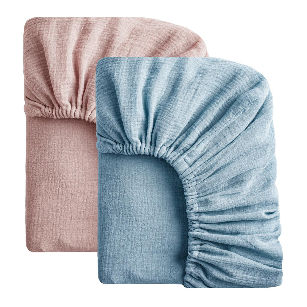 SOULFUL muslin crib sheet blue close-up shows soft breathable fabric for baby comfort