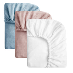 SOULFUL muslin crib sheets 3-pack in white, dusty-rose, blue for versatile nursery styling