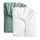 SOULFUL muslin crib sheets front view in white and green, soft and breathable for baby sleep