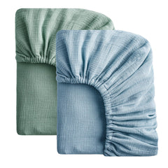 SOULFUL Muslin crib sheets in green and blue fitted, soft, breathable sleep surface.