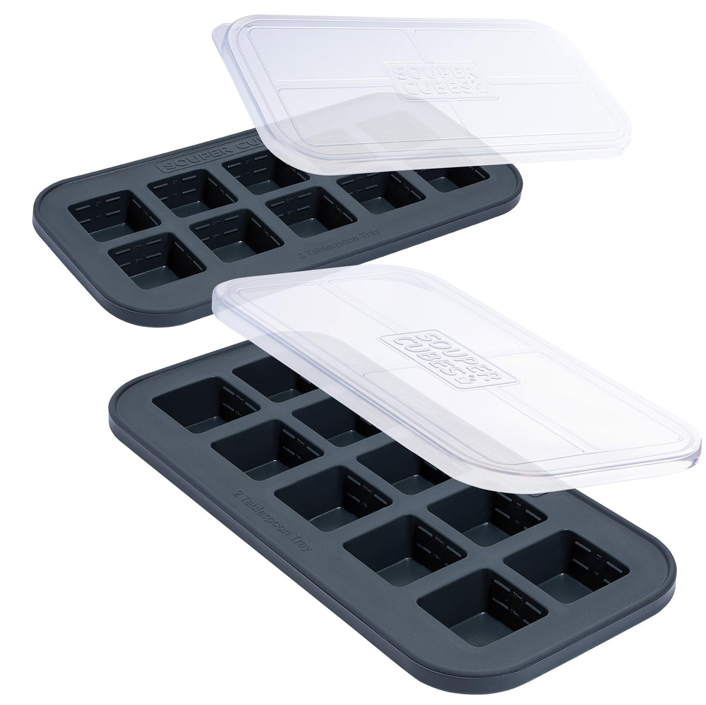 Souper Cubes 2 Tbsp freezer mold with charcoal lid for organized portions.