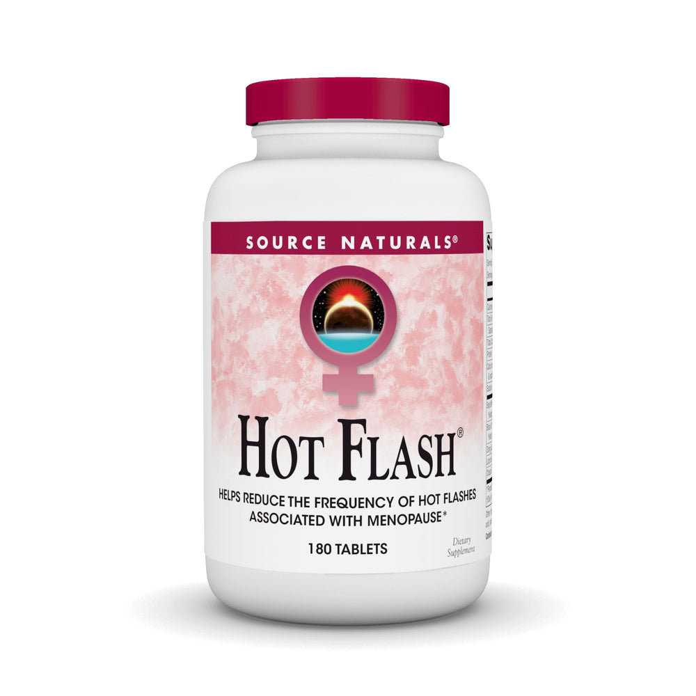 Source Naturals Hot Flash bottle front showing non-GMO soy formula for menopause support.