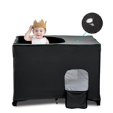 South to East Pack N Play blackout cover fitted on a crib for dark, restful naps.