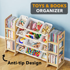 SpaceAid six-shelves configuration with large and small bins keeps items organized.