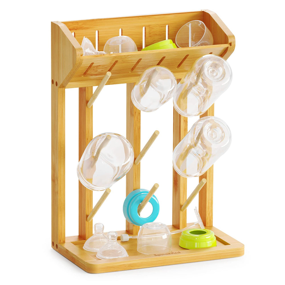 SpaceAid bamboo baby bottle drying rack in natural finish keeps bottles organized