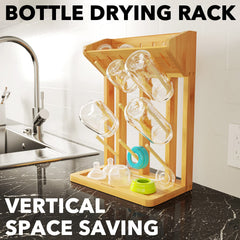 SpaceAid bamboo rack holding nine baby bottles on a clean kitchen counter