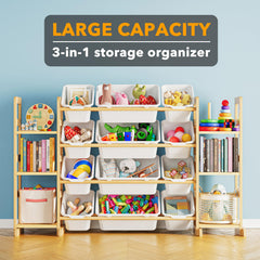 SpaceAid playroom organizer on shelves demonstrates easy access to toys and books.