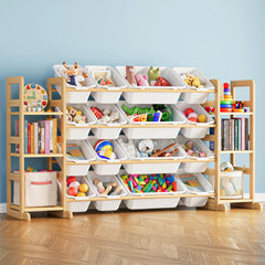 SpaceAid toy storage organizer with 6 shelves and 16 bins in white keeps playroom tidy.