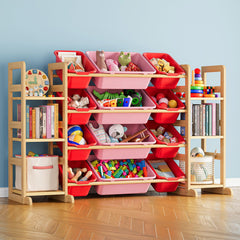 SpaceAid toy storage organizer with six shelves in a warm wood frame for organized playrooms.