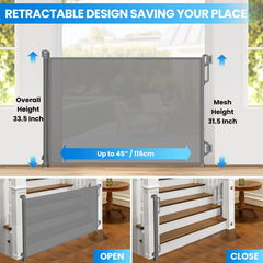 SPACEANY retractable gate mesh extended: enables wider openings up to 45 inches safely.