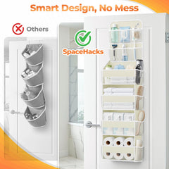 SpaceHacks door organizer provides bedroom storage with see-through mesh pockets for quick access.