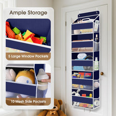 SpaceHacks blue door organizer supports up to 40 lbs for sturdy storage.