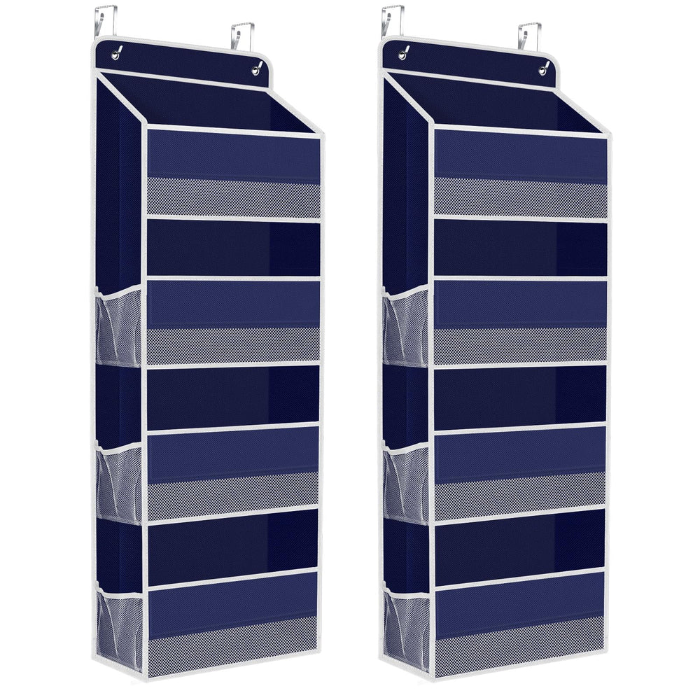 SpaceHacks over-the-door organizer blue front view with clear window for quick lookup.