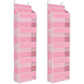 SpaceHacks over-the-door organizer pink with clear window for easy item finding.