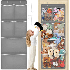 SpaceHacks stuffed animal storage over-door organizer with six pockets for toy organization