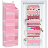 SpaceWhisper over-door organizer pink with four pockets for quick-access storage.