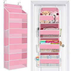 SpaceWhisper over-door organizer pink with four pockets for quick-access storage.