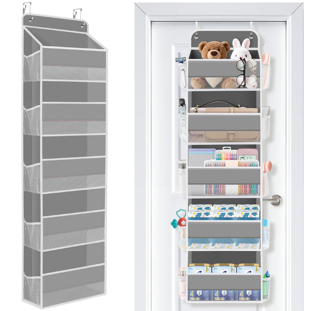 SpaceWhisper over the door organizer with five pockets for easy diaper access