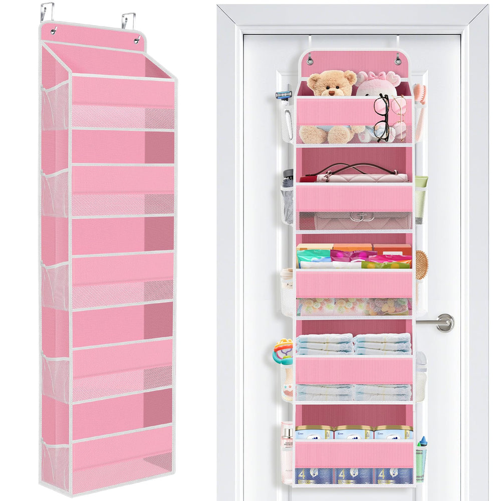 SpaceWhisper over the door organizer pink front view for easy diaper access