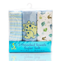 Spasilk blue dino hooded towel, front view, three-piece set for newborns after bath.