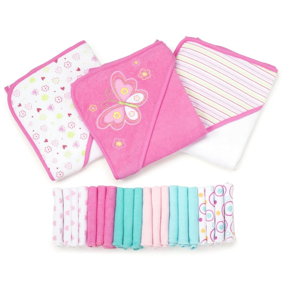 Spasilk pink butterfly hooded towel set keeps baby warm and dry after bath