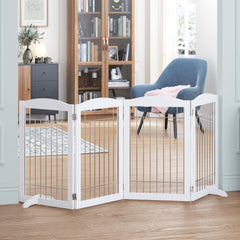 Spirich free-standing foldable dog gate 80in wide for wide hallway containment.