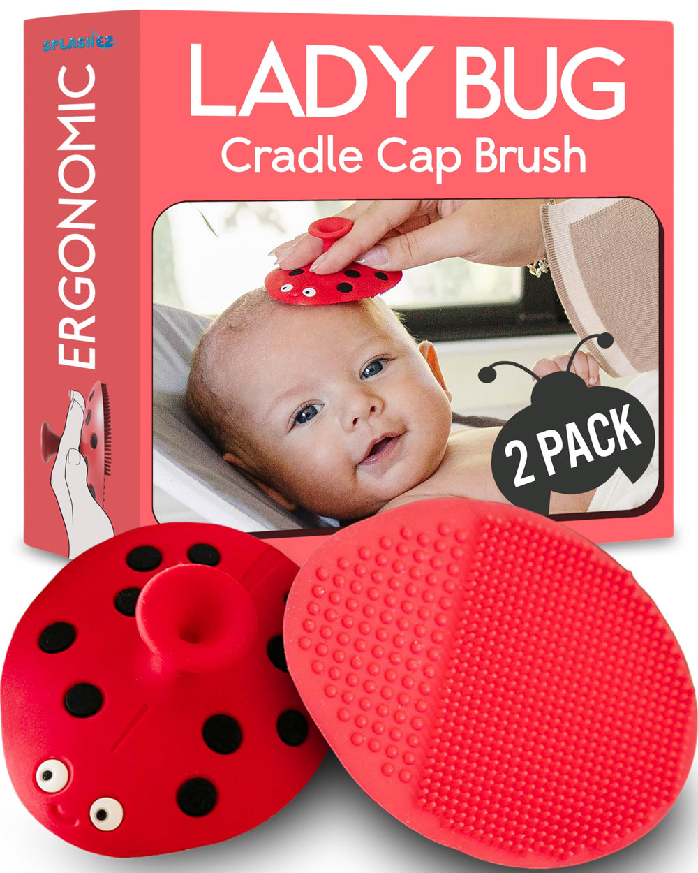 SplashEZ cradle-cap brush with ladybug design for gentle scalp care and playful baths.