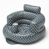 SplashEZ inflatable baby seat front view in grey polka dots with back support.