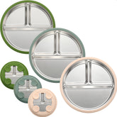 SPMKTQK stainless steel kid plate with suction cups on a highchair tray.
