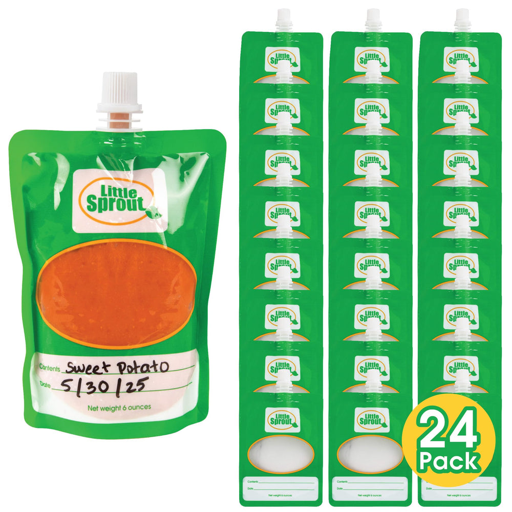 Sprout Cups disposable baby food pouches show 6 oz capacity for convenient meals on the go.