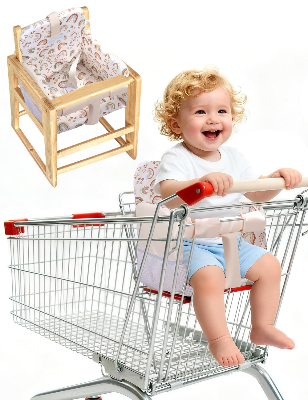 Sprouterie grocery cart cover front view shows soft padding for comfy baby seating.