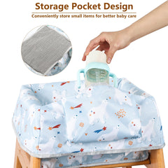 Sprouterie high chair cover is machine washable for quick after-meal cleanup