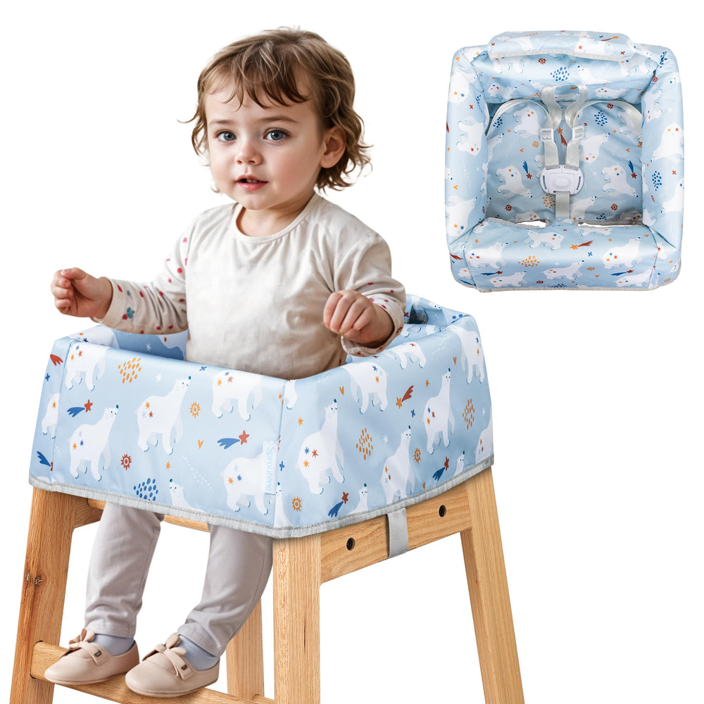 Sprouterie high chair cover with waterproof blue polar bear print protects chairs from spills