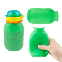 Squeasy Snacker green pouch with lid insert shown for controlled flow