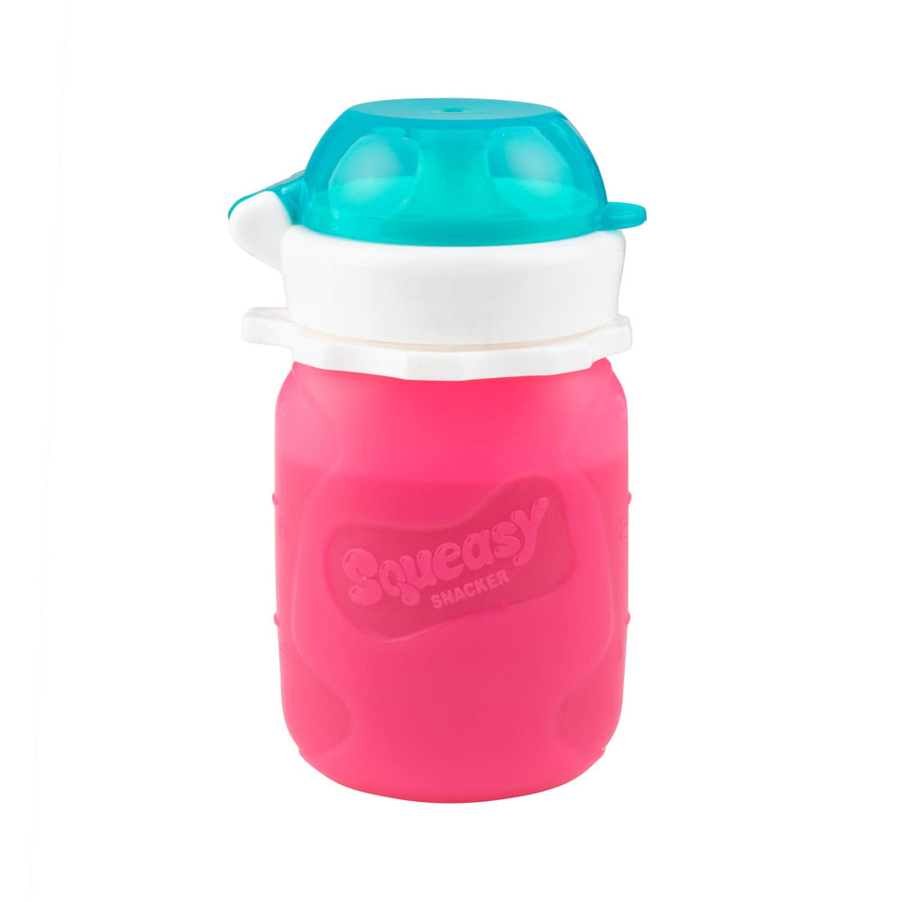 Squeasy Snacker pink pouch top view, ideal for on-the-go snacks