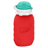Squeasy Snacker red 6oz front view showing spill-proof design for mess-free feeding.