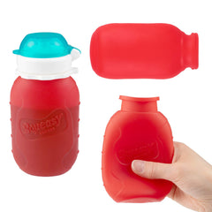 Squeasy Snacker red 6oz with no-spill lid insert for secure self-feeding.