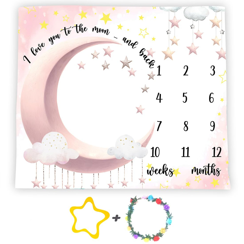SSCSTS baby milestone blanket with pink moon backdrop for newborn photos.