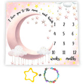 SSCSTS baby milestone blanket with pink moon backdrop for newborn photos.