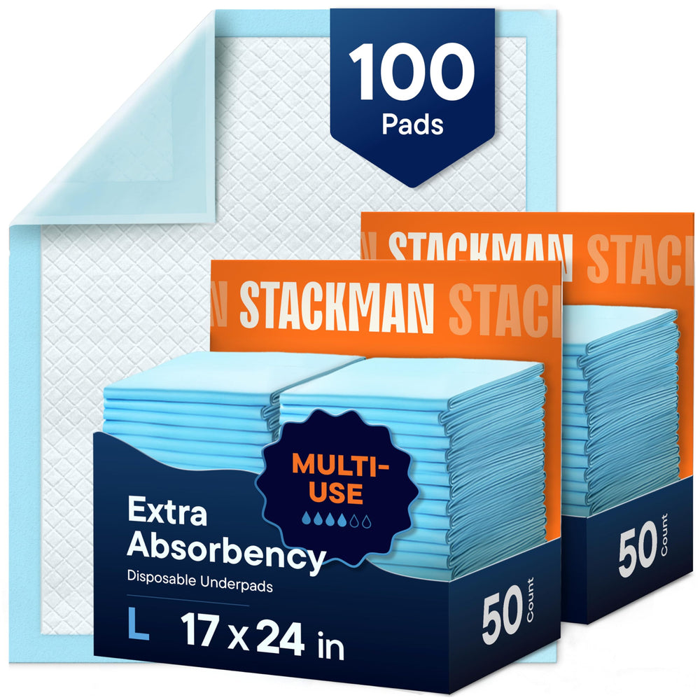 Stack Man Chucks Pads box showing a 100-pack for leak-proof protection.