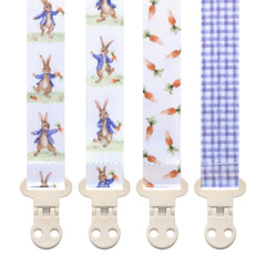 Stadela four-pack pacifier clip with neutral patterns keeps pacifiers within reach