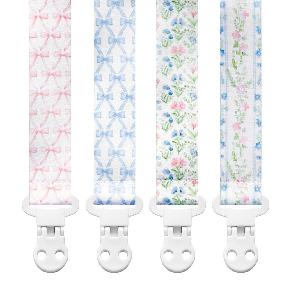 Stadela baby pacifier clip with vintage floral bows keeps pacifier close for quick soothing.