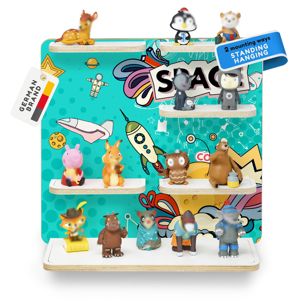 stadtecken wooden shelf front view showcasing organized Toniebox display for kids' room
