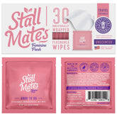 Stall Mates Feminine Fresh flushable wipe single wrapped for on-the-go cleansing.
