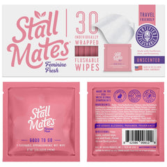 Stall Mates Feminine Fresh flushable wipe single wrapped for on-the-go cleansing.