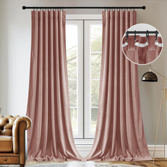 StangH pink velvet curtains in a living room setting with soft texture.