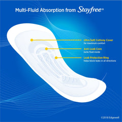 Boxed Stayfree 40-count packs in a convenient 3-pack arrangement.