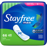 Stayfree Maxi Pads for Women Super 66 Count packaging showing reliable all-day protection